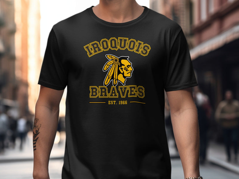 Black t-shirt with "Iroquois Braves Est. 1966" and Native American profile logo.