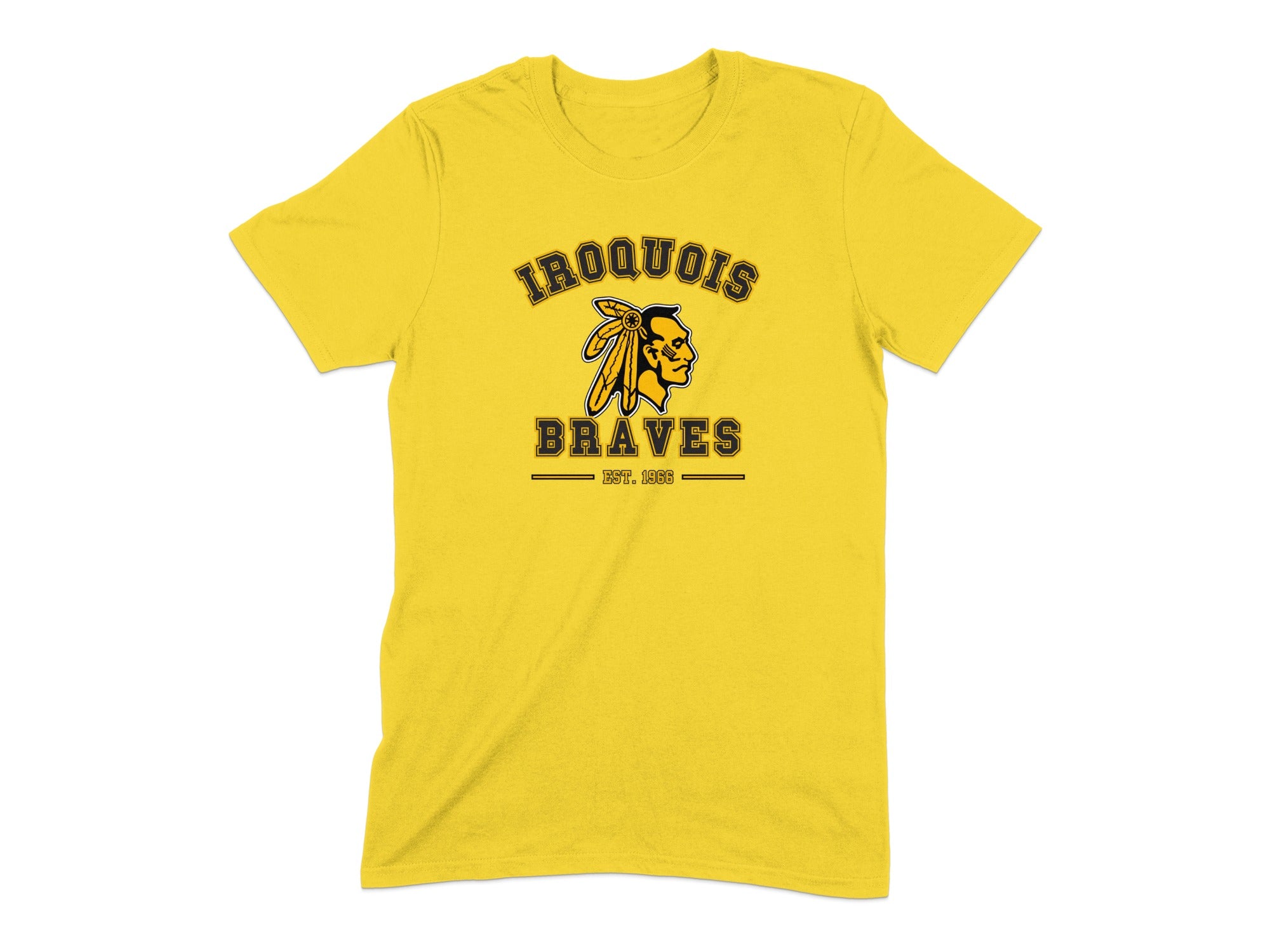 Yellow t-shirt with Iroquois Braves logo and Est. 1966 text.