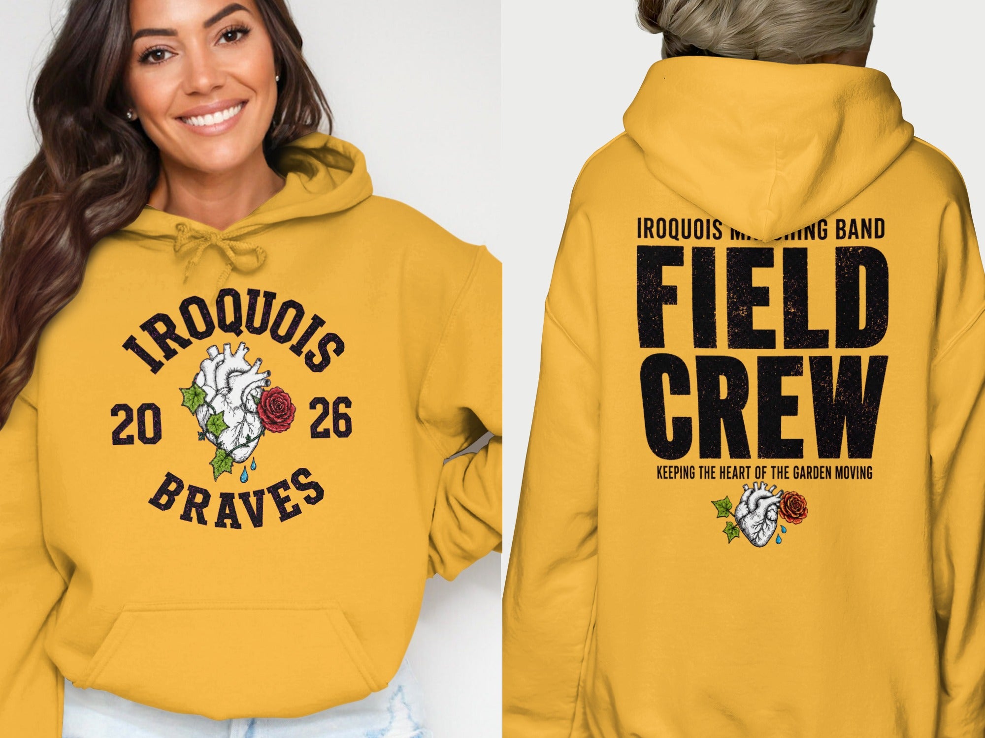 Yellow hoodie with "Iroquois Braves" and heart on front, "Field Crew" on back.