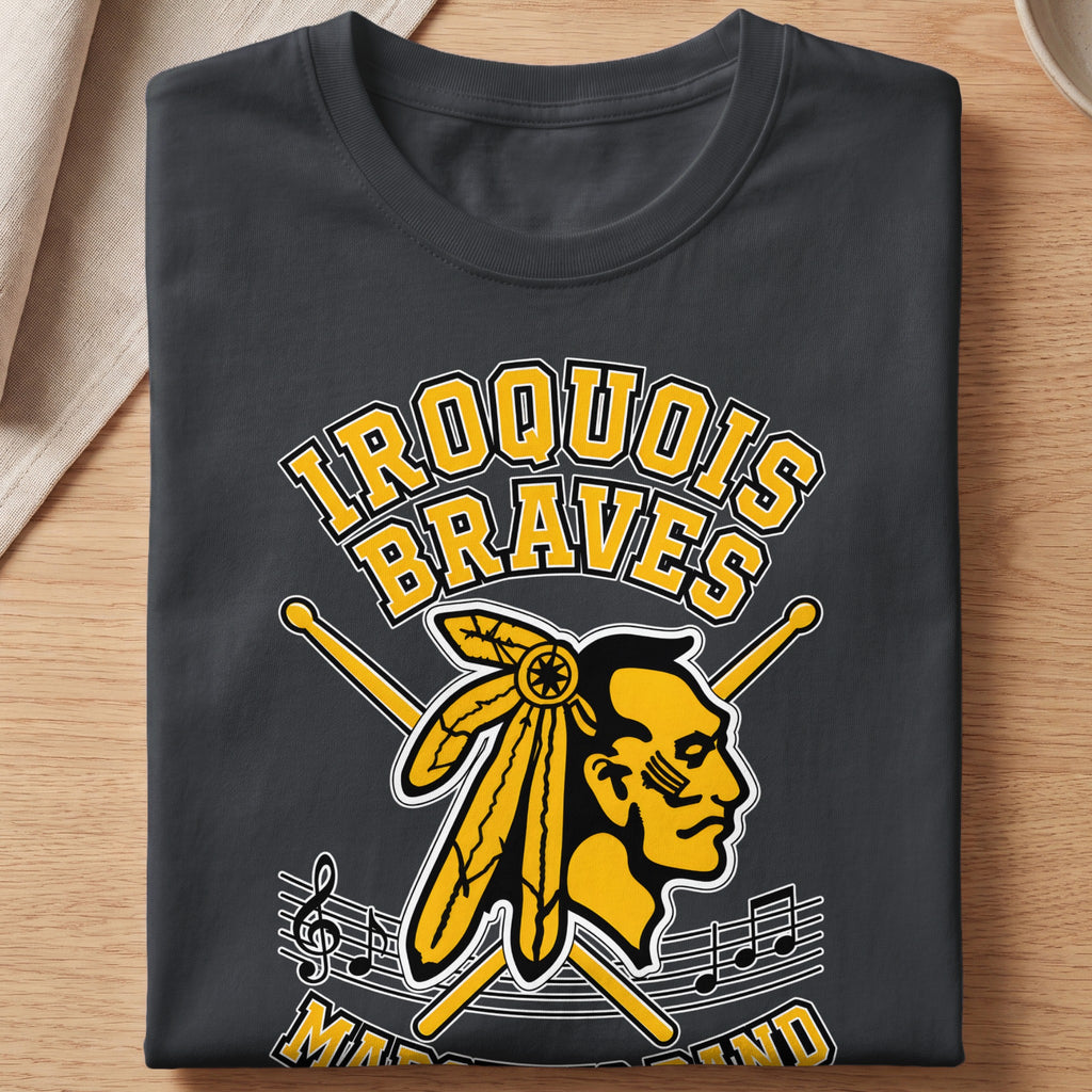 Iroquois Braves marching band graphic with drumsticks and music notes.