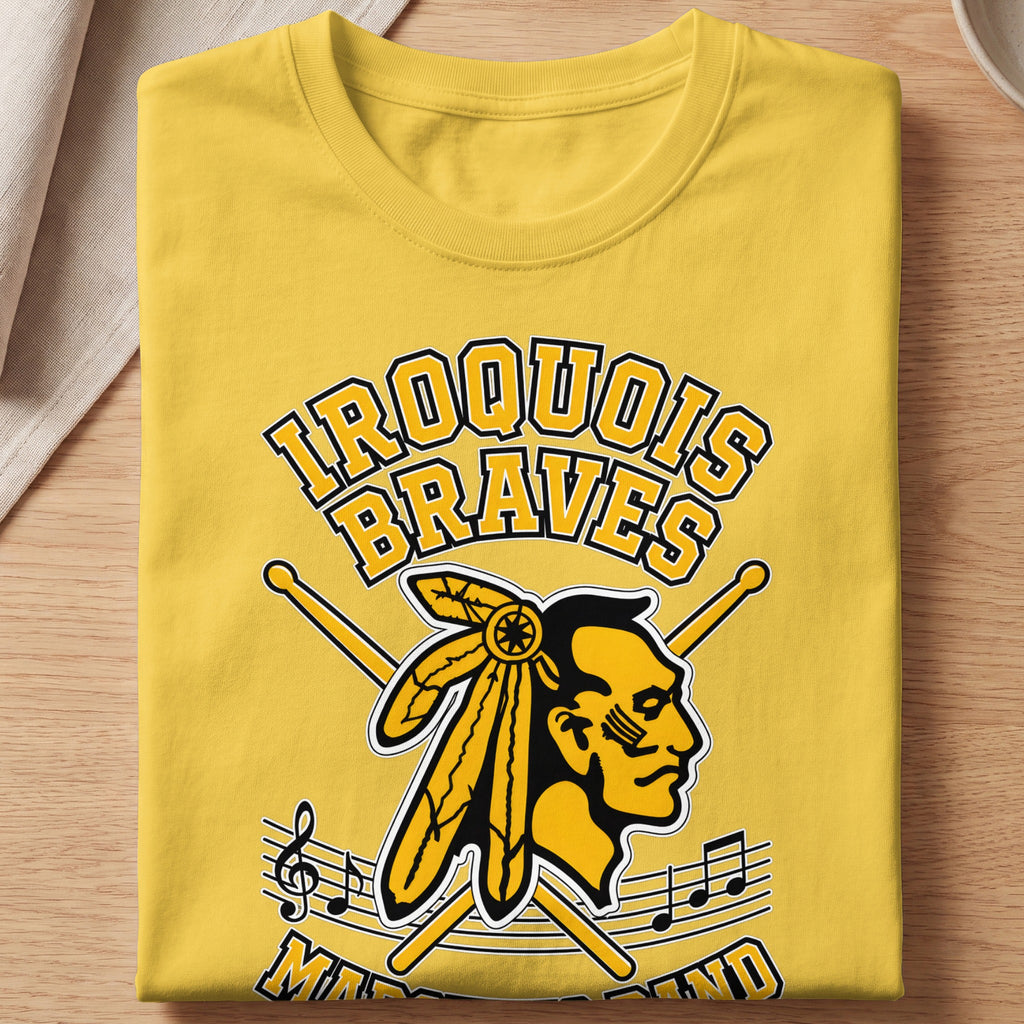 Iroquois Braves marching band graphic on a yellow t-shirt with drumsticks and music notes.