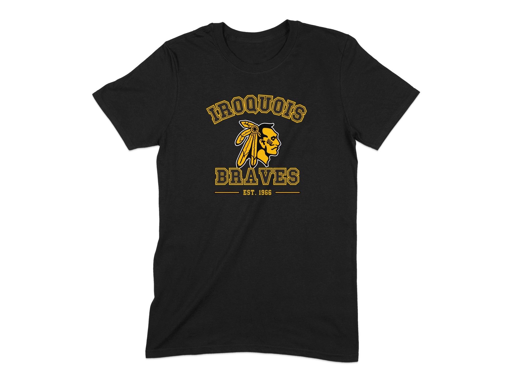 Black t-shirt with yellow Iroquois Braves logo and "EST. 1966" text.