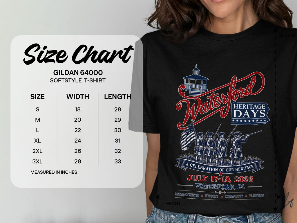 Black t-shirt with "Waterford Heritage Days July 17-19, 2026" and colonial reenactment graphic.