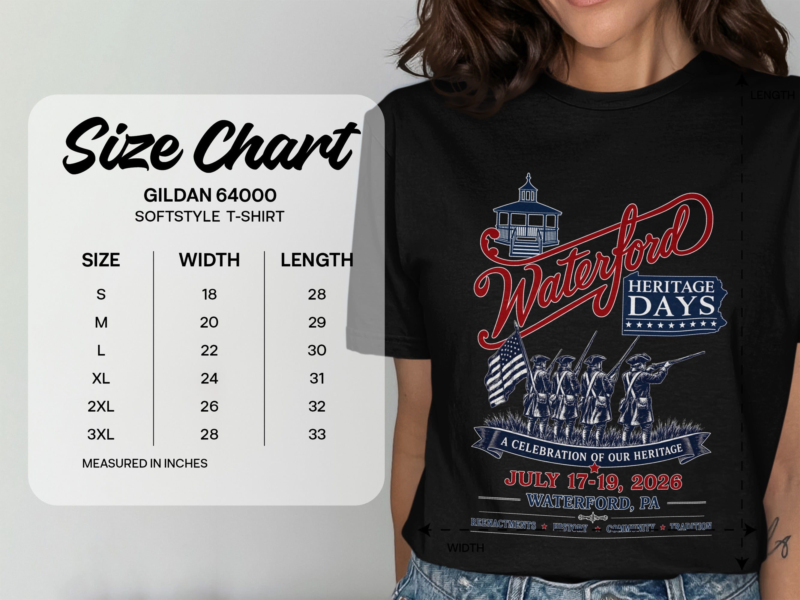 Black t-shirt with "Waterford Heritage Days July 17-19, 2026" and colonial reenactment graphic.