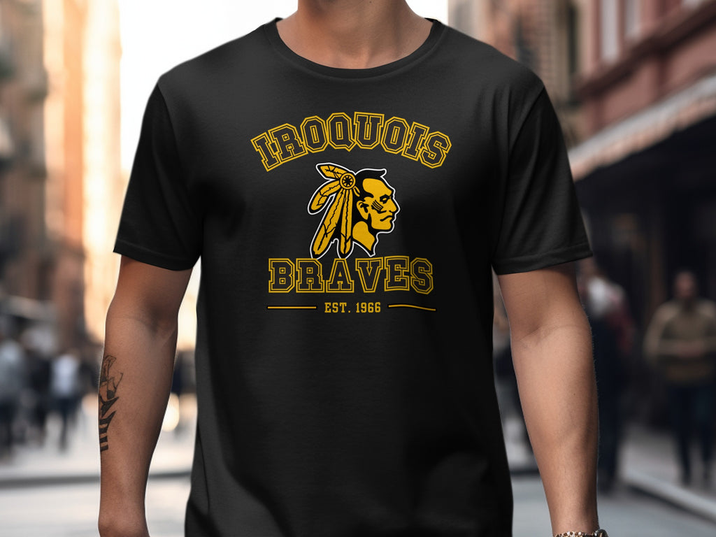 Black t-shirt with "Iroquois Braves Est. 1966" and Native American profile logo.