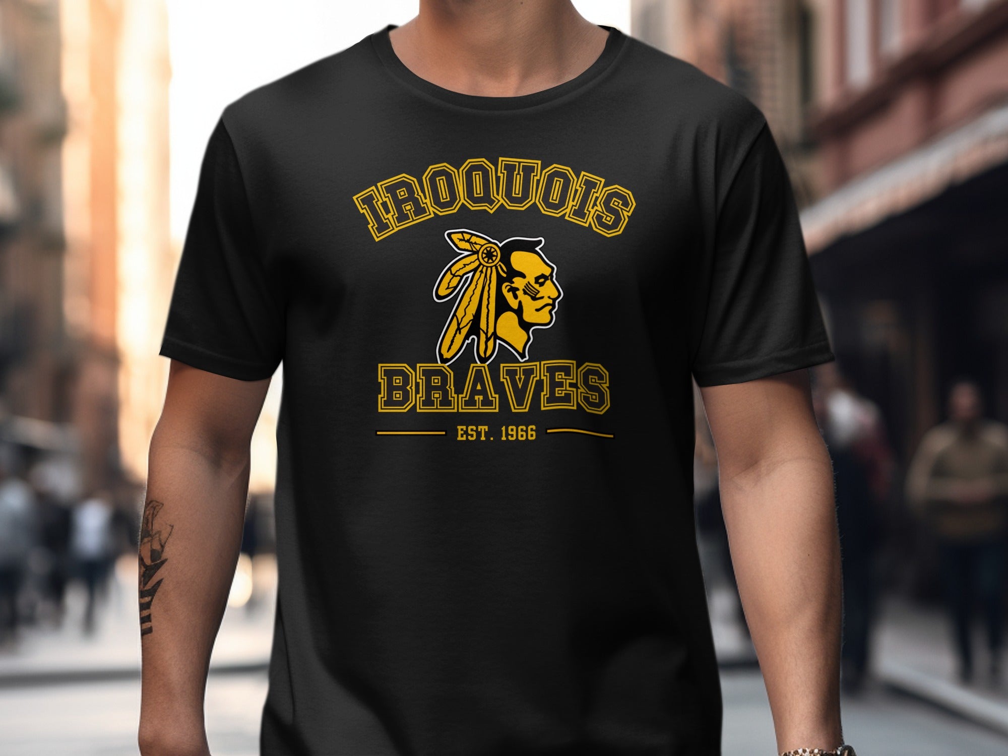 Black t-shirt with "Iroquois Braves Est. 1966" and Native American profile logo.