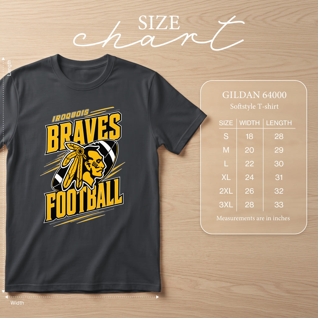Dark gray t-shirt with "Iroquois Braves Football" graphic and size chart.