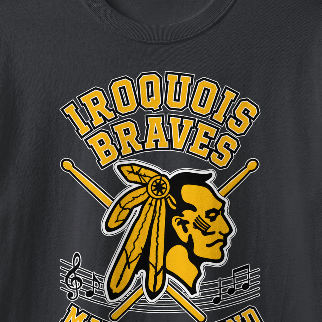 Iroquois Braves logo with Native American profile, drumsticks, and musical notes.