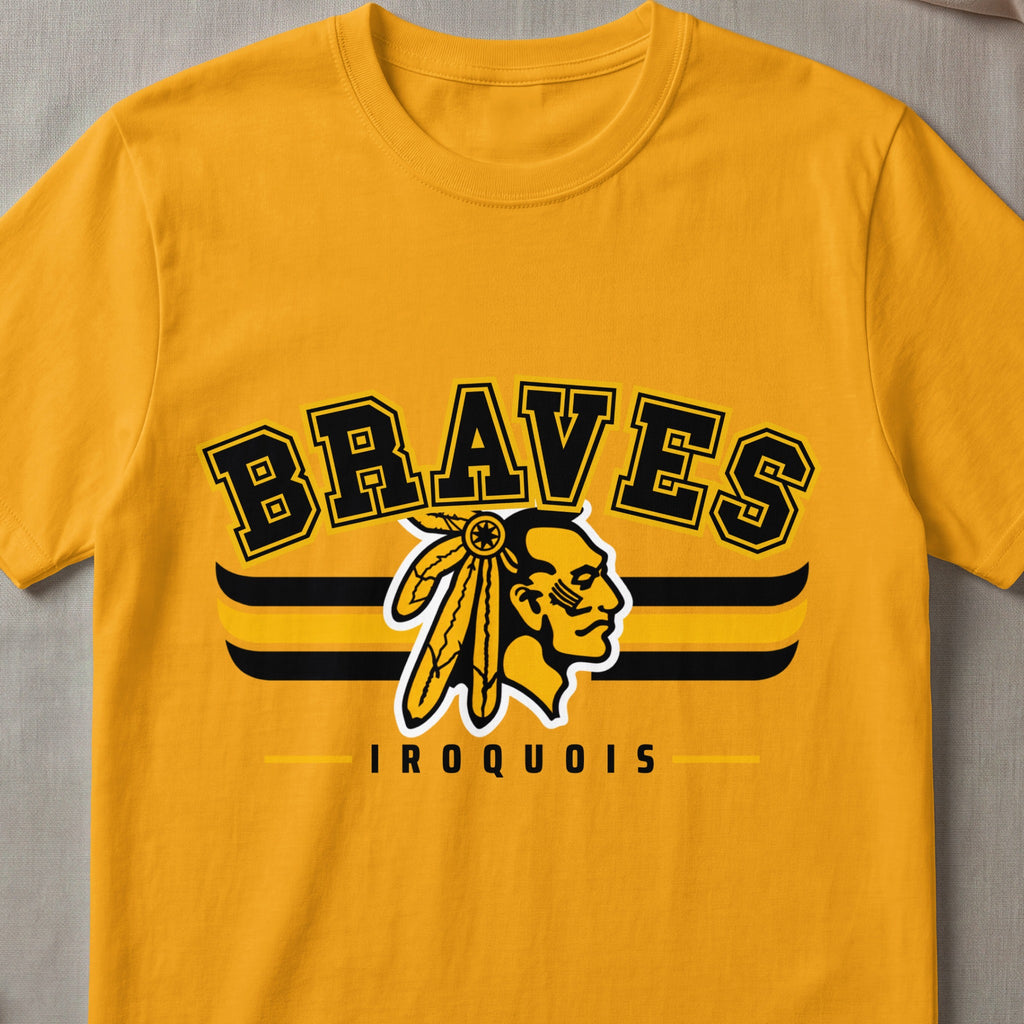 Gold t-shirt with "BRAVES IROQUOIS" text and Native American chief logo.
