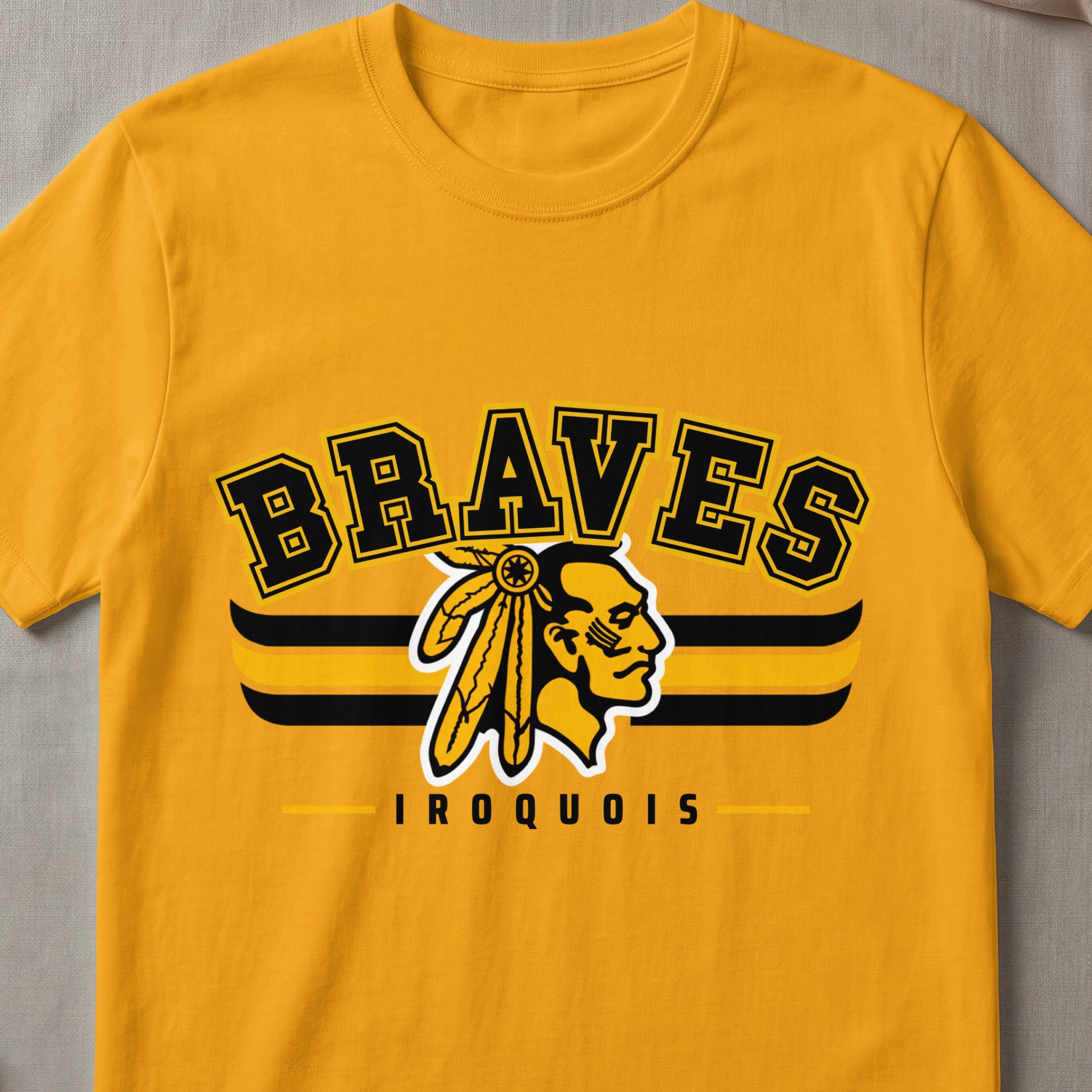 Gold t-shirt with "BRAVES IROQUOIS" text and Native American chief logo.