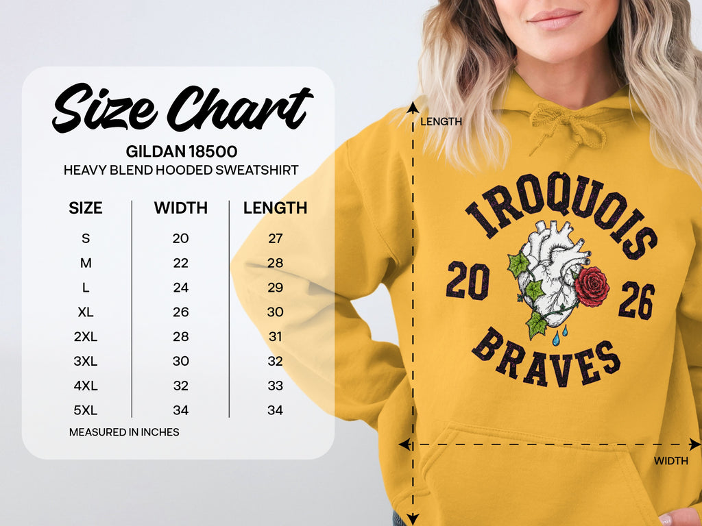 Yellow Gildan 18500 hooded sweatshirt size chart with "Iroquois Braves 2026" graphic.