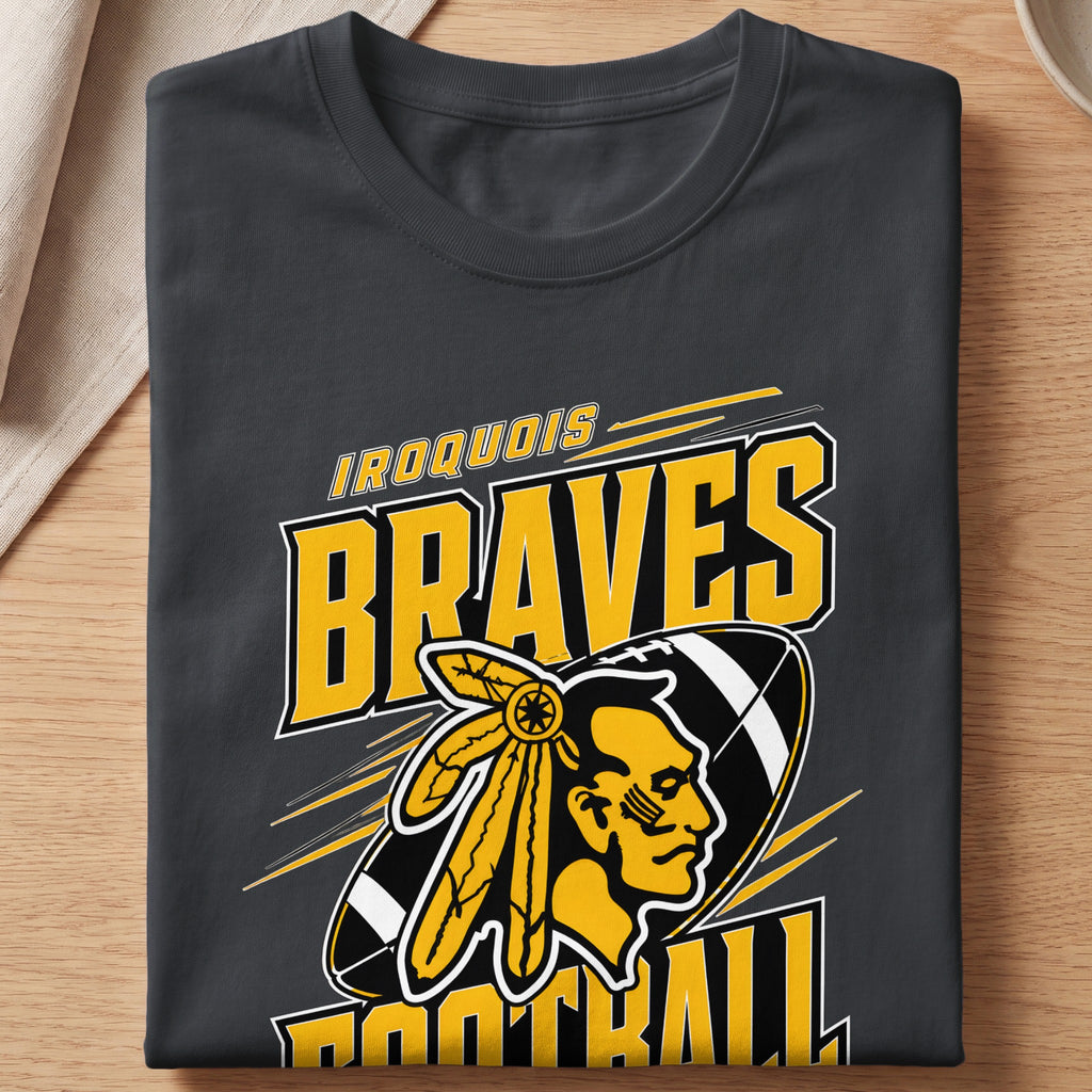 Iroquois Braves football design with Native American profile and football graphic.