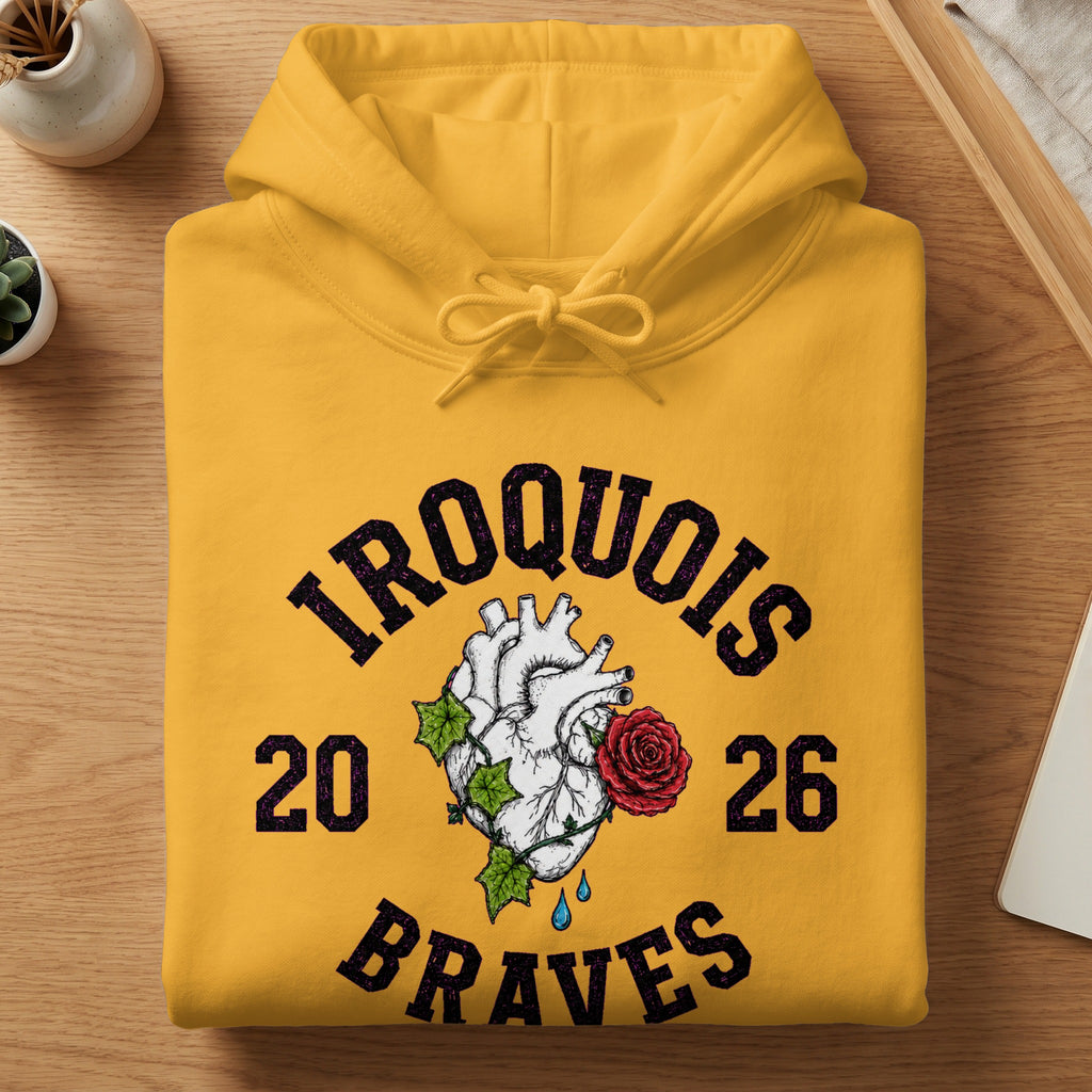 Yellow hoodie with "Iroquois 20 26 Braves" text and heart design.