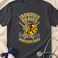 Iroquois Braves Marching Band logo with drumsticks and musical notes.