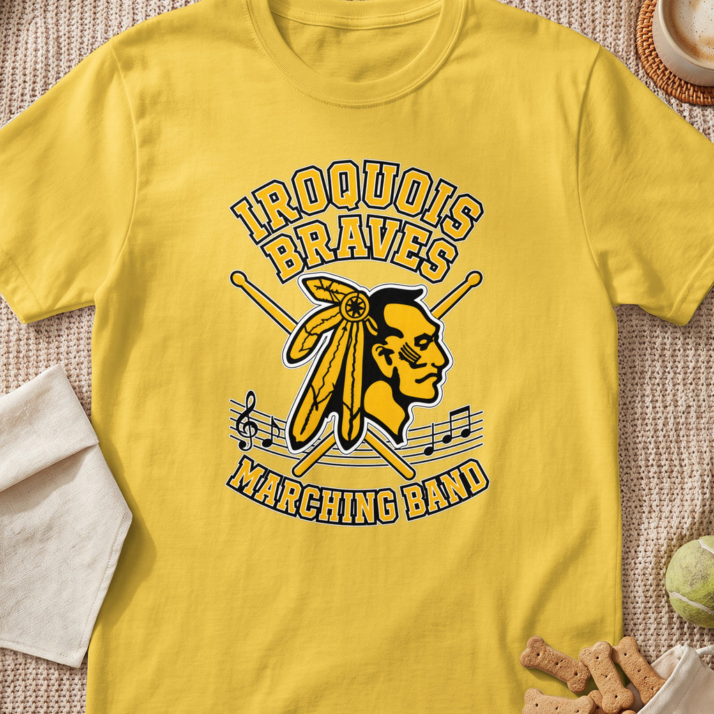 Iroquois Braves Marching Band design on a yellow t-shirt.