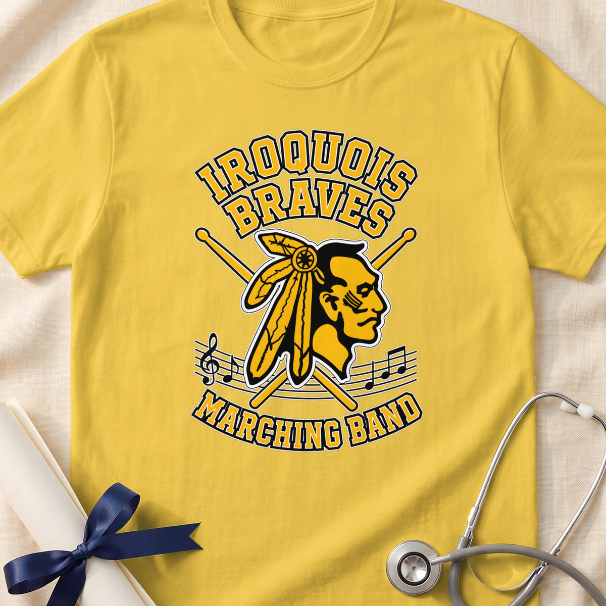 Iroquois Braves Marching Band logo on a yellow t-shirt.