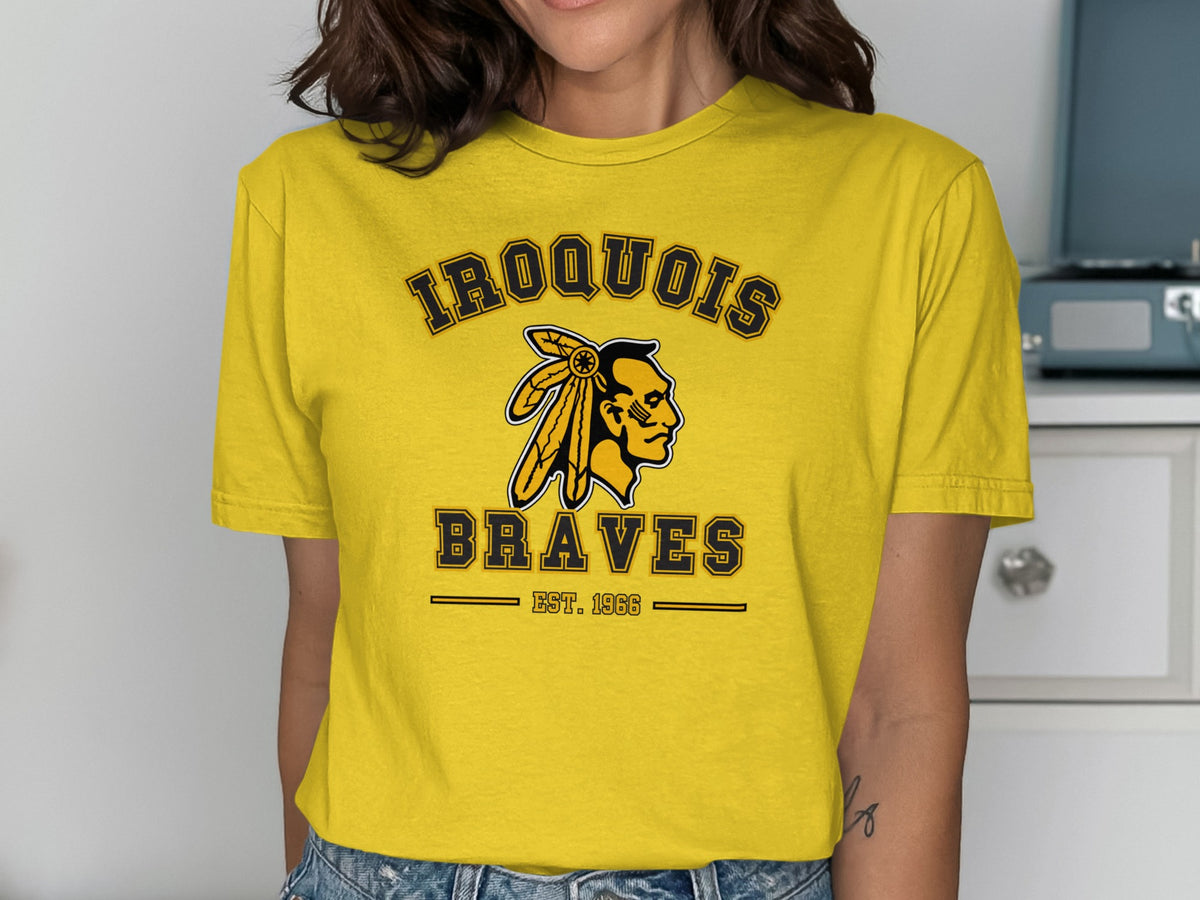 Yellow t-shirt with "Iroquois Braves Est. 1966" text and Native American profile graphic.