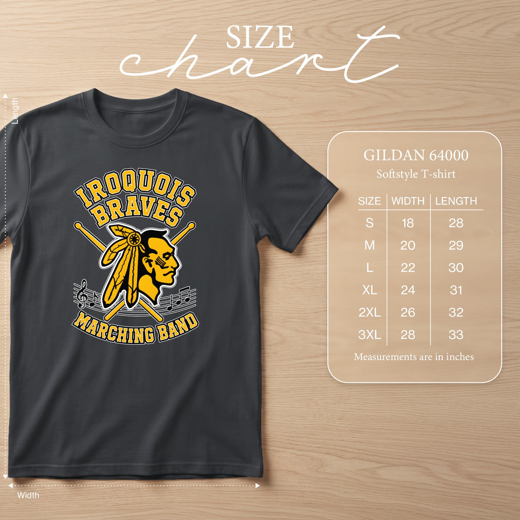 Dark grey t-shirt with "Iroquois Braves Marching Band" logo and Gildan size chart.