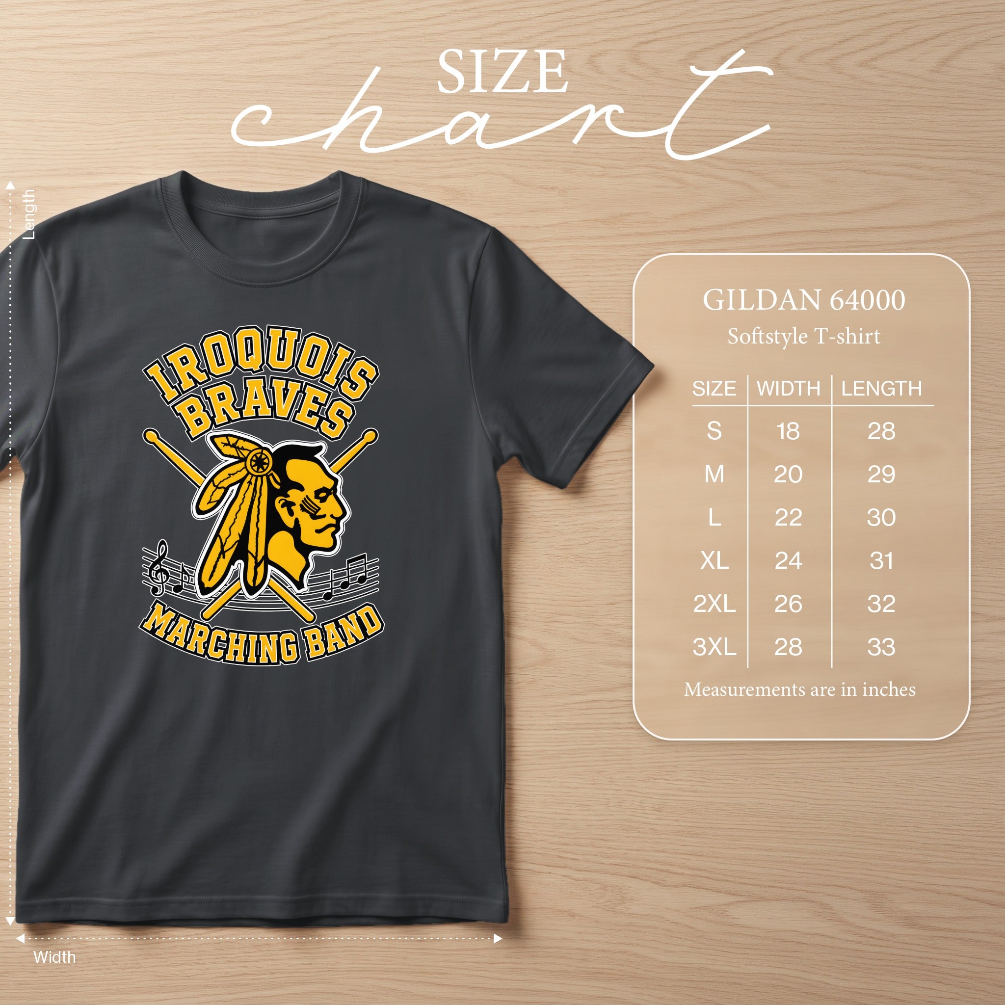Dark grey t-shirt with "Iroquois Braves Marching Band" logo and Gildan size chart.
