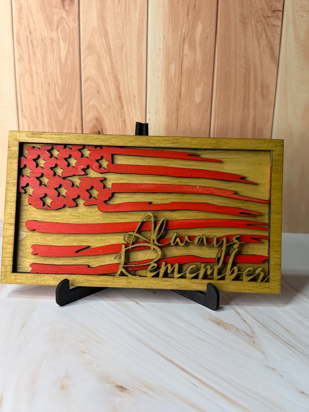 Always Remember Layered American Flag Wood Sign