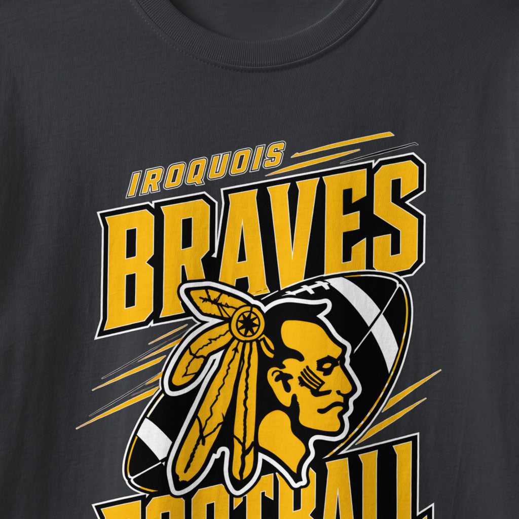 Iroquois Braves football logo with Native American profile and football.