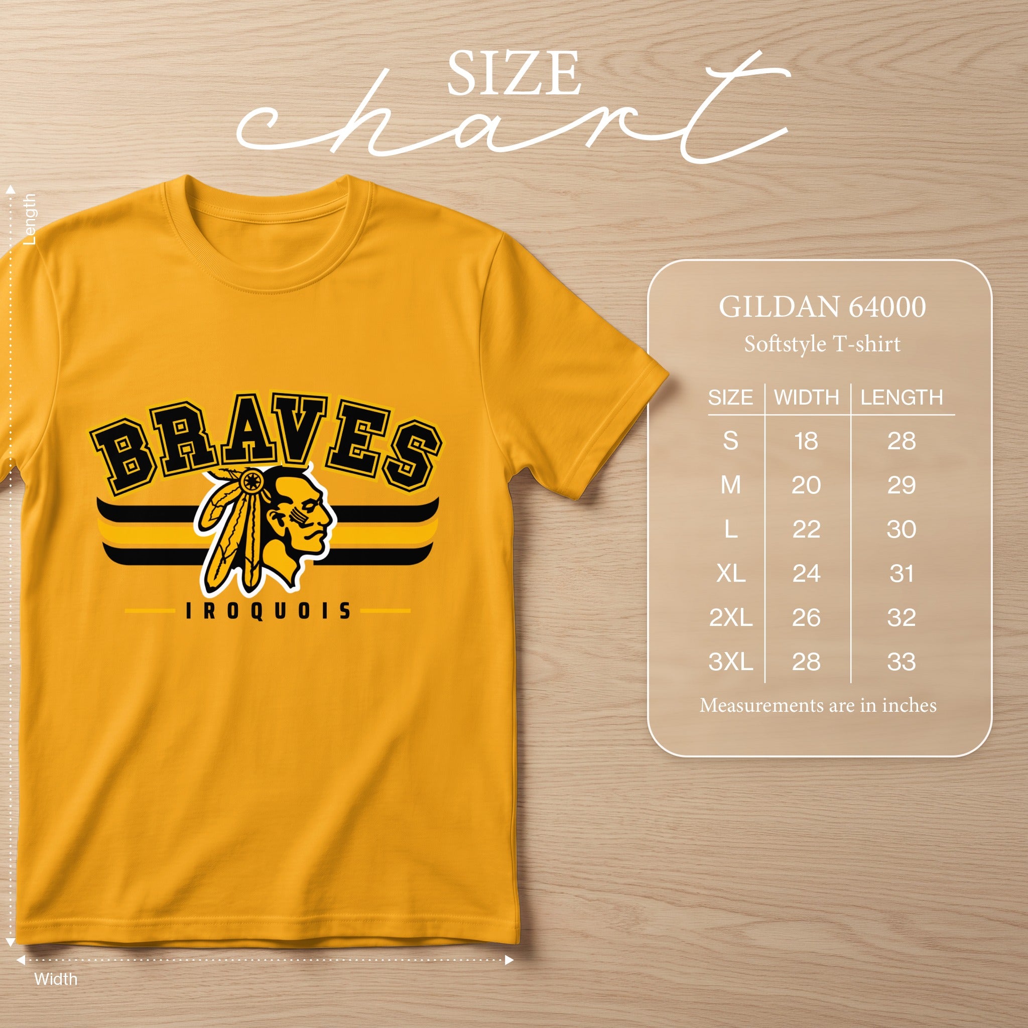 Gold Gildan 64000 t-shirt with "Braves Iroquois" graphic and size chart.