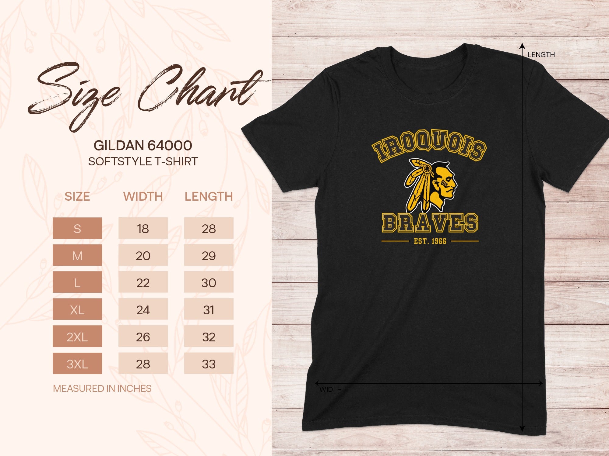 Iroquois Braves t-shirt size chart for Gildan 64000 softstyle.