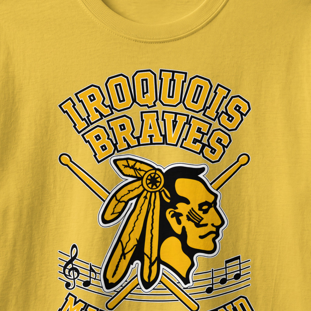 Iroquois Braves logo with drumsticks and musical notes.