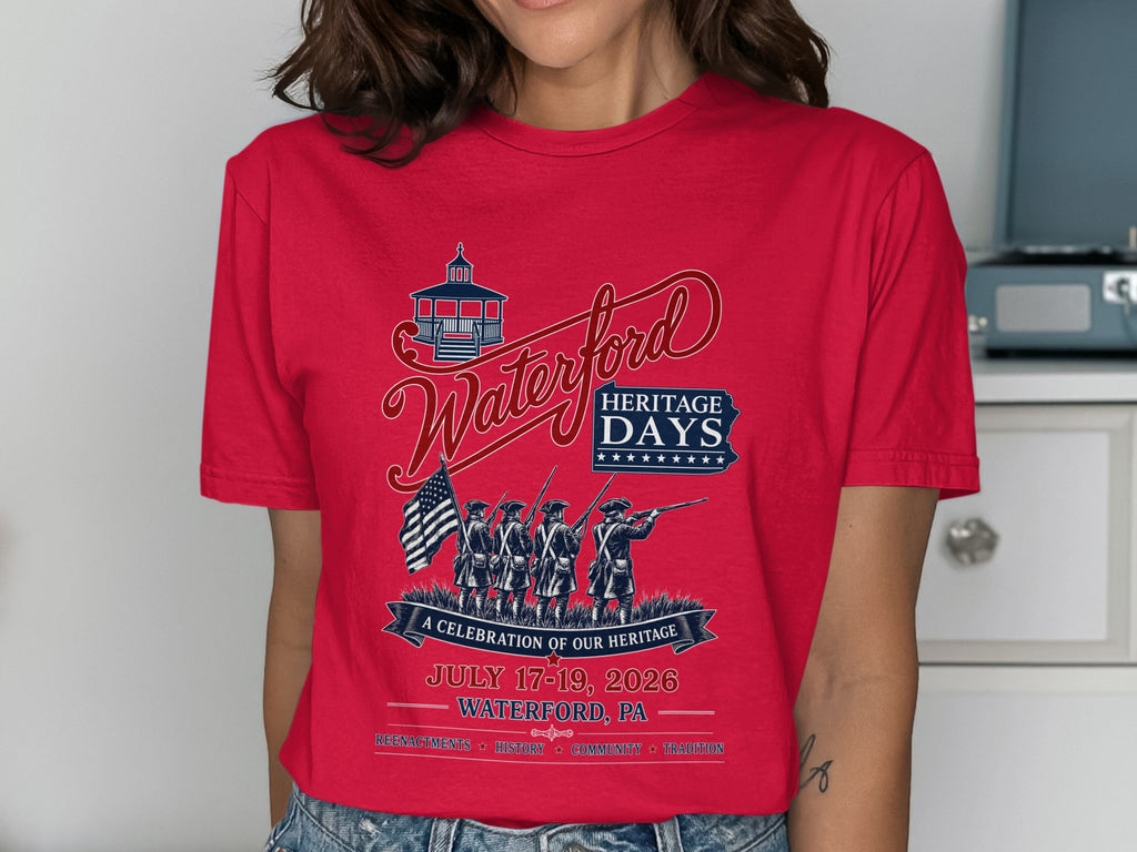 Red t-shirt for Waterford Heritage Days featuring reenactors, flag, and event details.
