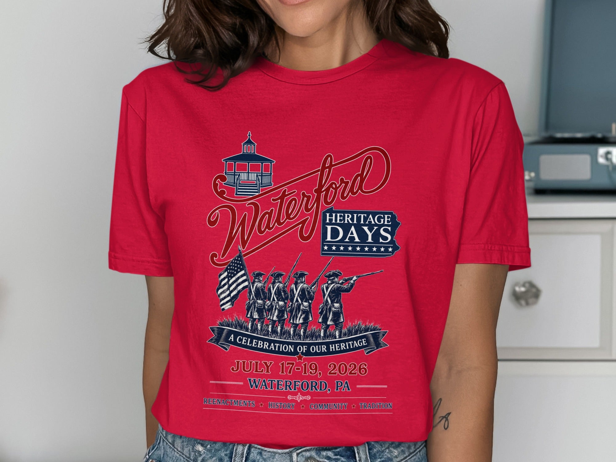 Red t-shirt for Waterford Heritage Days featuring reenactors, flag, and event details.