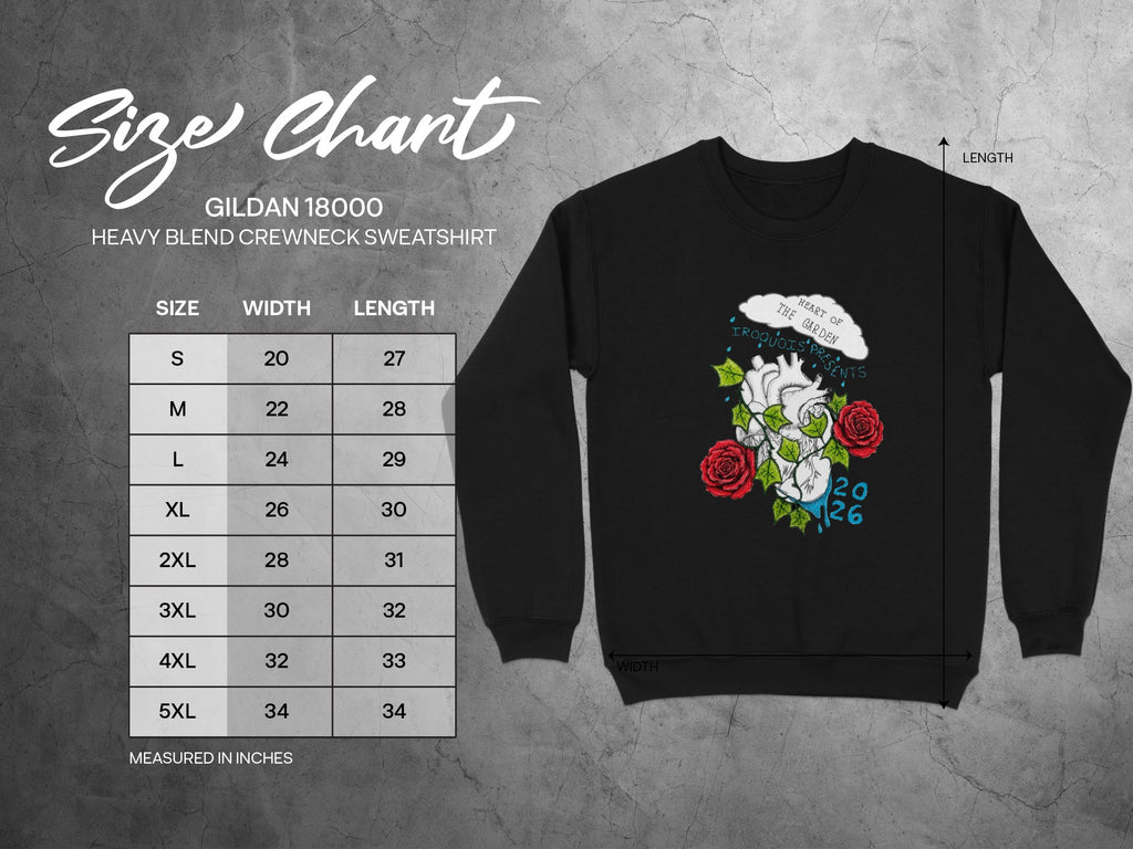 Gildan 18000 sweatshirt size chart with graphic of heart, roses, and text.