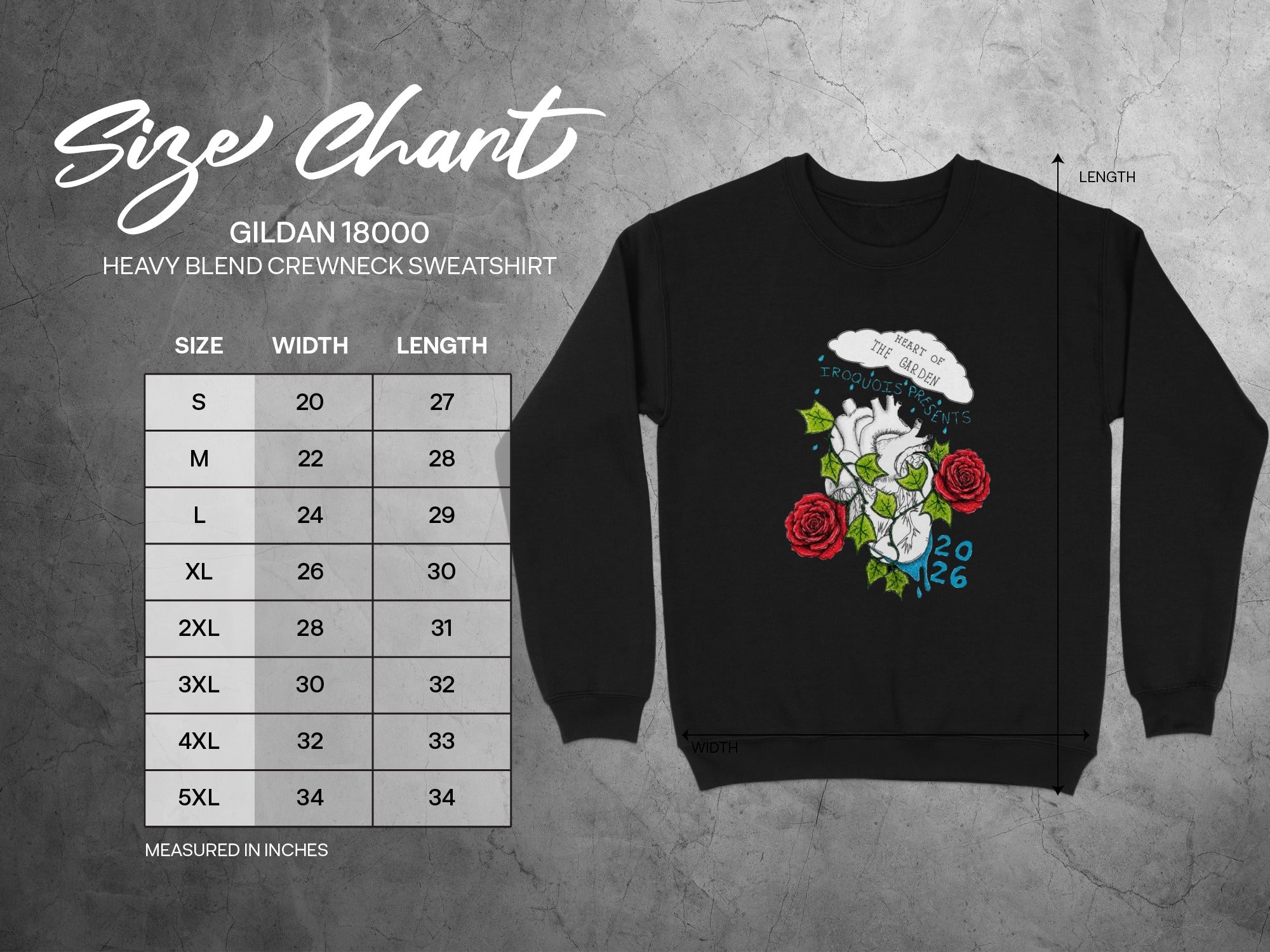Gildan 18000 sweatshirt size chart with graphic of heart, roses, and text.