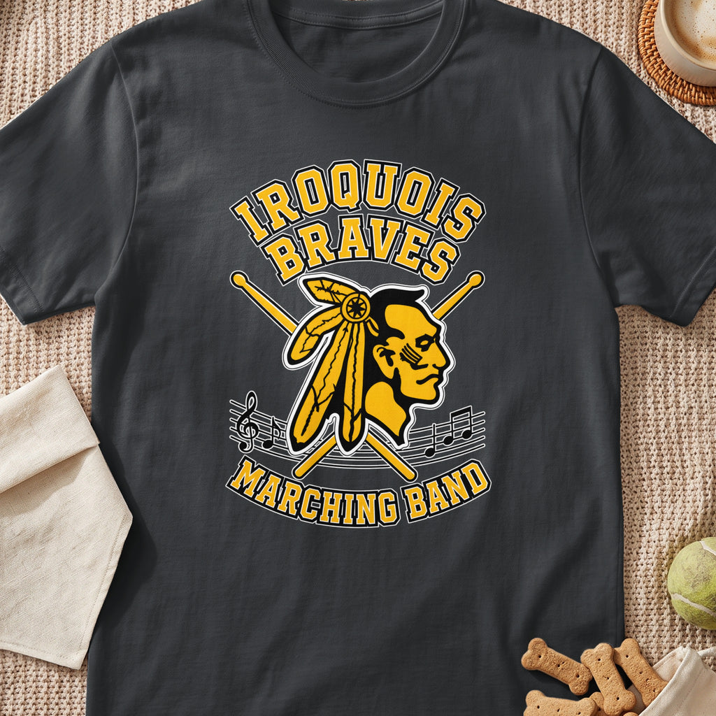 Iroquois Braves Marching Band logo with drumsticks and musical notes.