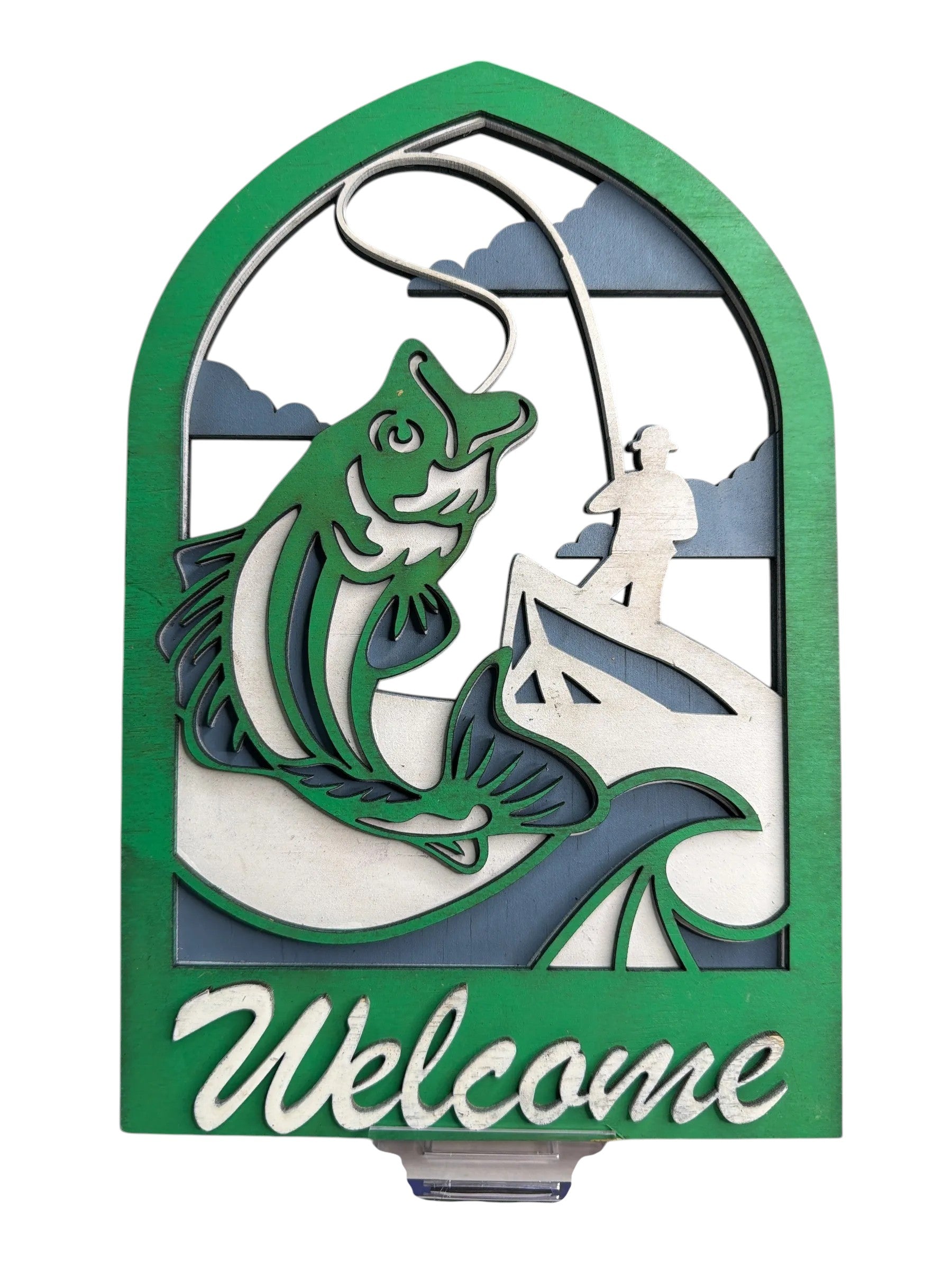 RJ Custom Works wooden welcome sign featuring a layered fishing scene with a jumping fish, fisherman, and waves.