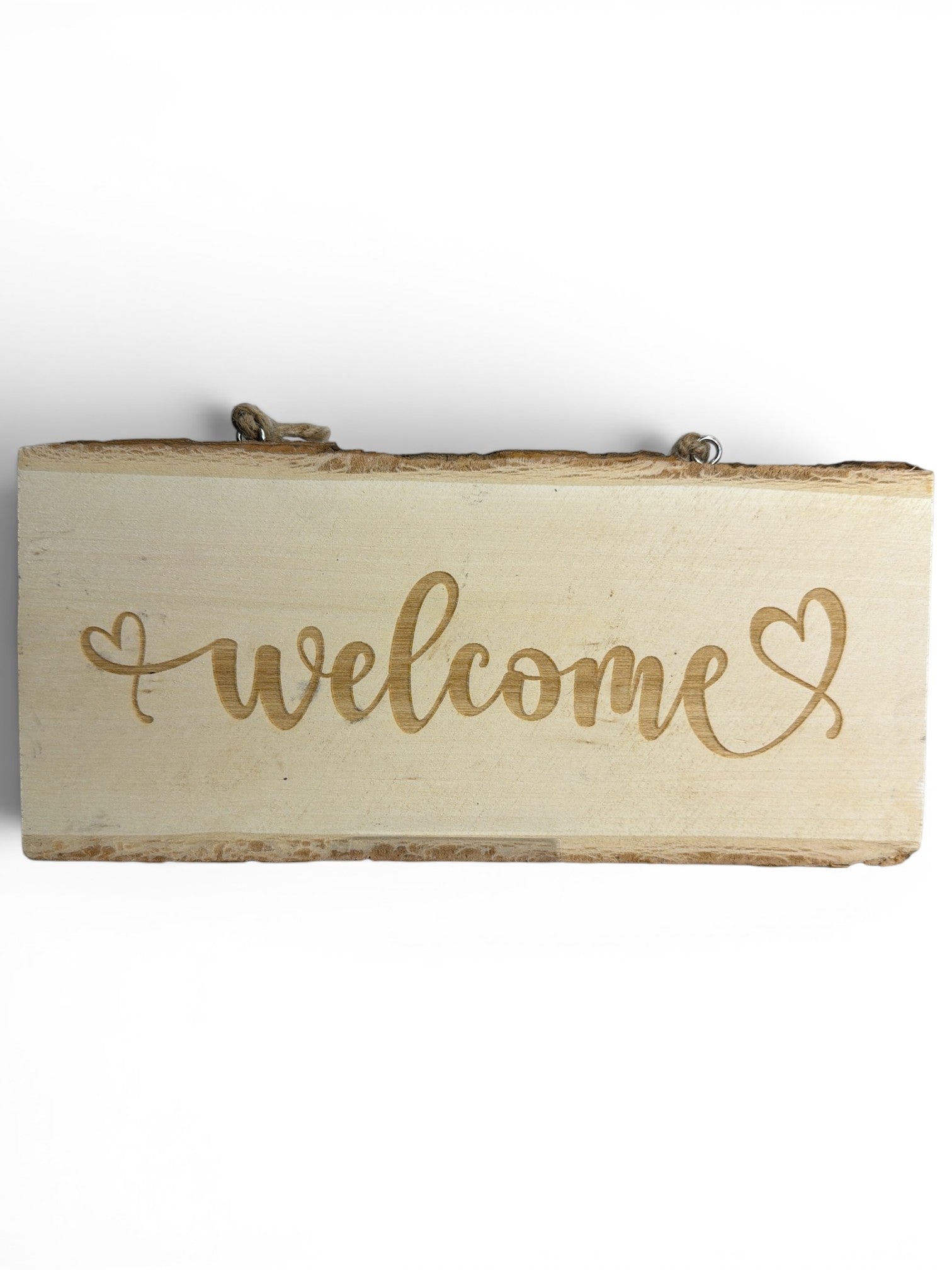 RJ Custom Works live edge wood welcome sign with a heart detail. Natural wood finish.
