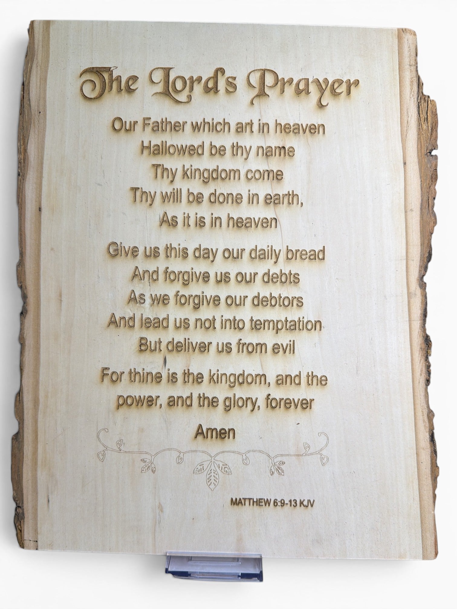 RJ Custom Works natural wood plaque engraved with The Lord's Prayer and Matthew 6:9-13 KJV scripture.