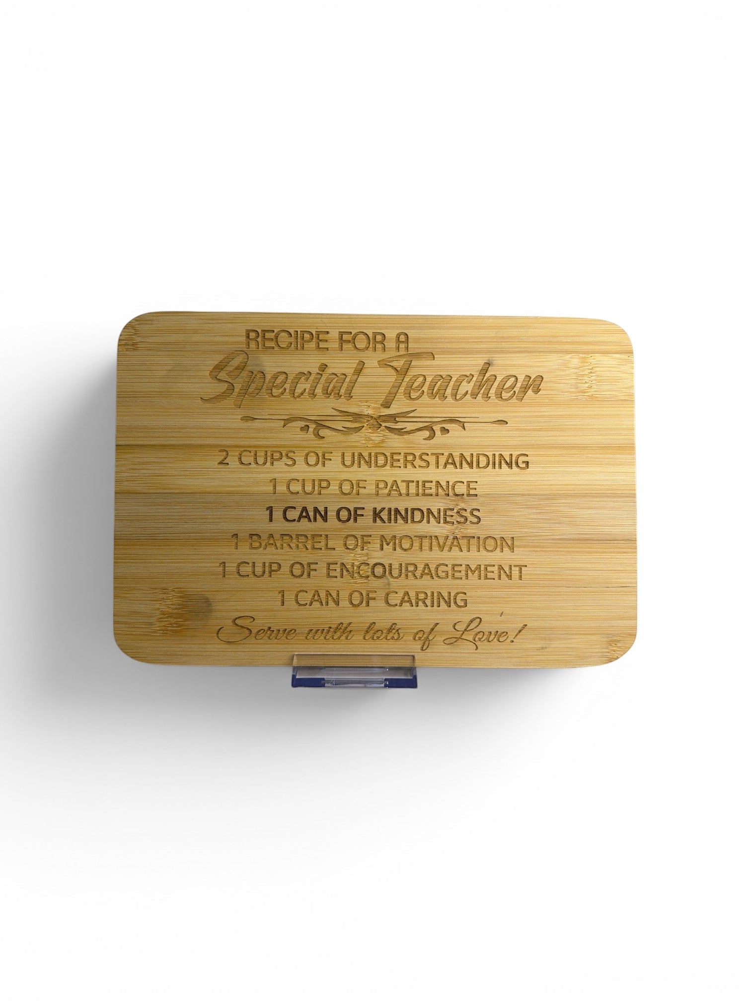 RJ Custom Works engraved bamboo cutting board with 'Recipe for a Special Teacher' and ingredients like understanding, patience, kindness, motivation, encouragement, and caring.